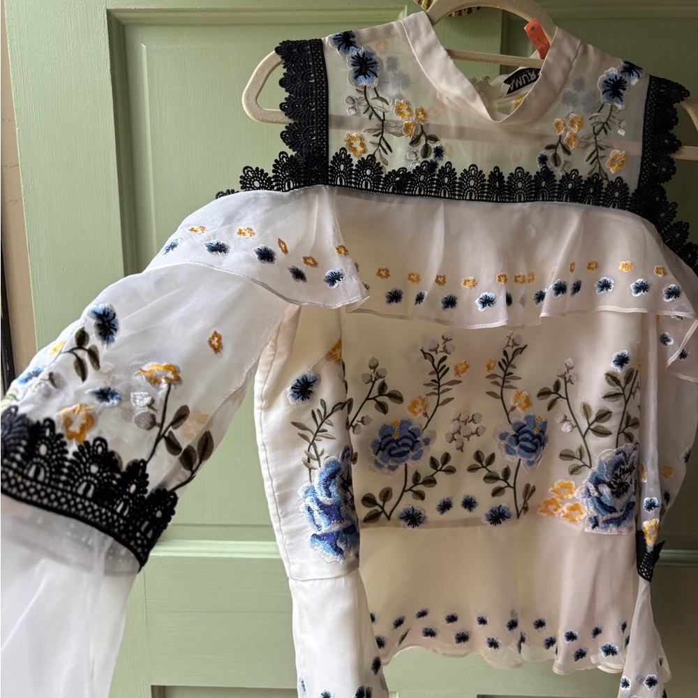 AMUR Floral Embroidered Blouse with Blue and Yellow Accents
